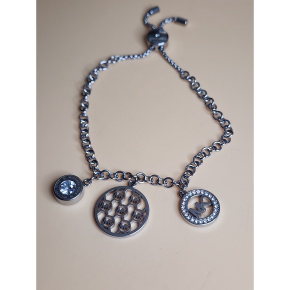 MICHAEL KORS MK Logo 3 Piece Charms Silver Chain Slider Bracelet FREE $HIPPING! - Picture 1 of 11